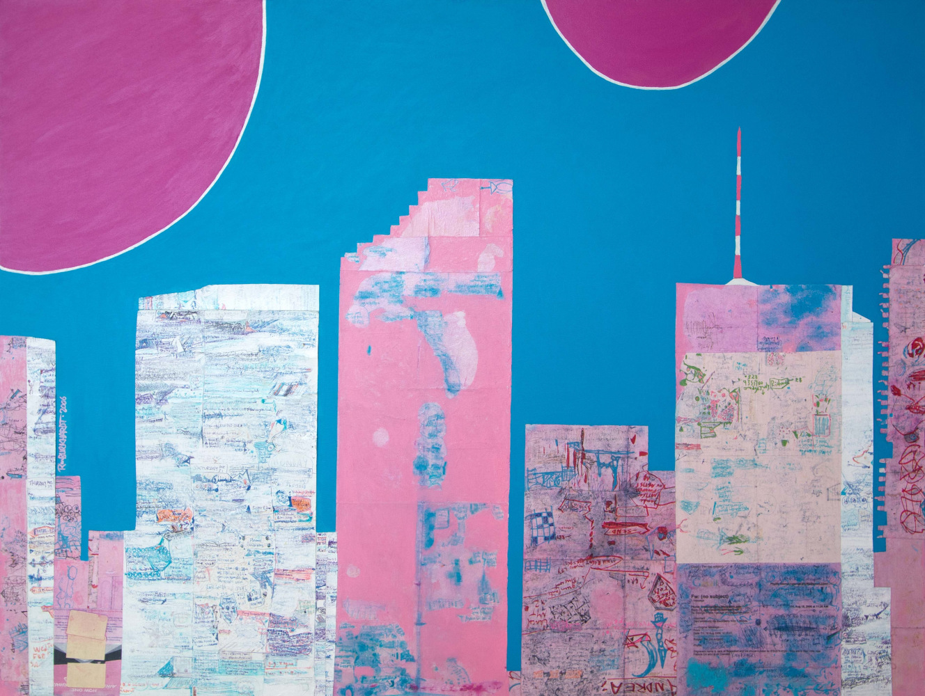 Ron Burkhardt, NOTISM:CITYSCAPES- &quot;Miami Blues&quot; 2006. Acrylics, Pen &amp; Ink on Paper Collaged on Canvas. 36 x 48&quot;