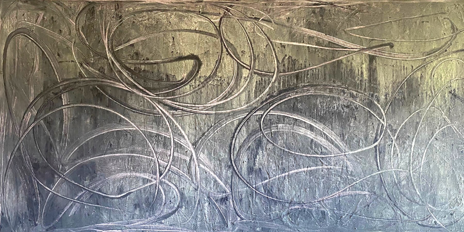 Maite Nobo's large grey abstract painting, &quot;Mom,&quot; painted in 2022 with mixed media on canvas totaling 54 inches high by 105 inches wide.