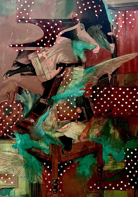 Bruce Helander, Polka Dot Bedlam, 2020, Acrylic and Tulle with Printed Background on canvas, 59 x 42 inches, bruce helander art for sale