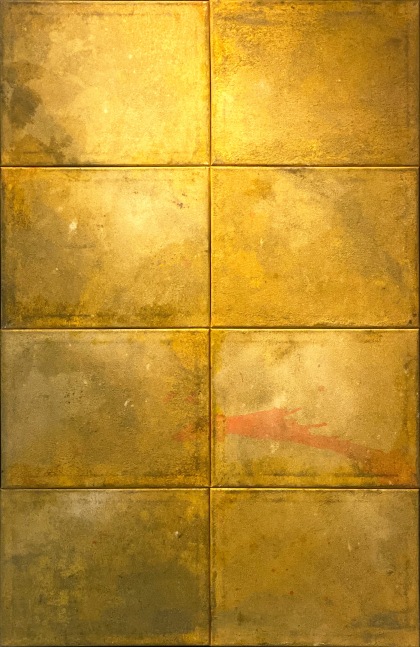 Maite Nobo's yellow abstract painting, &quot;Metamorphosis,&quot; painted in 2022 with mixed media on canvas totaling 44 inches high by 28 inches wide.